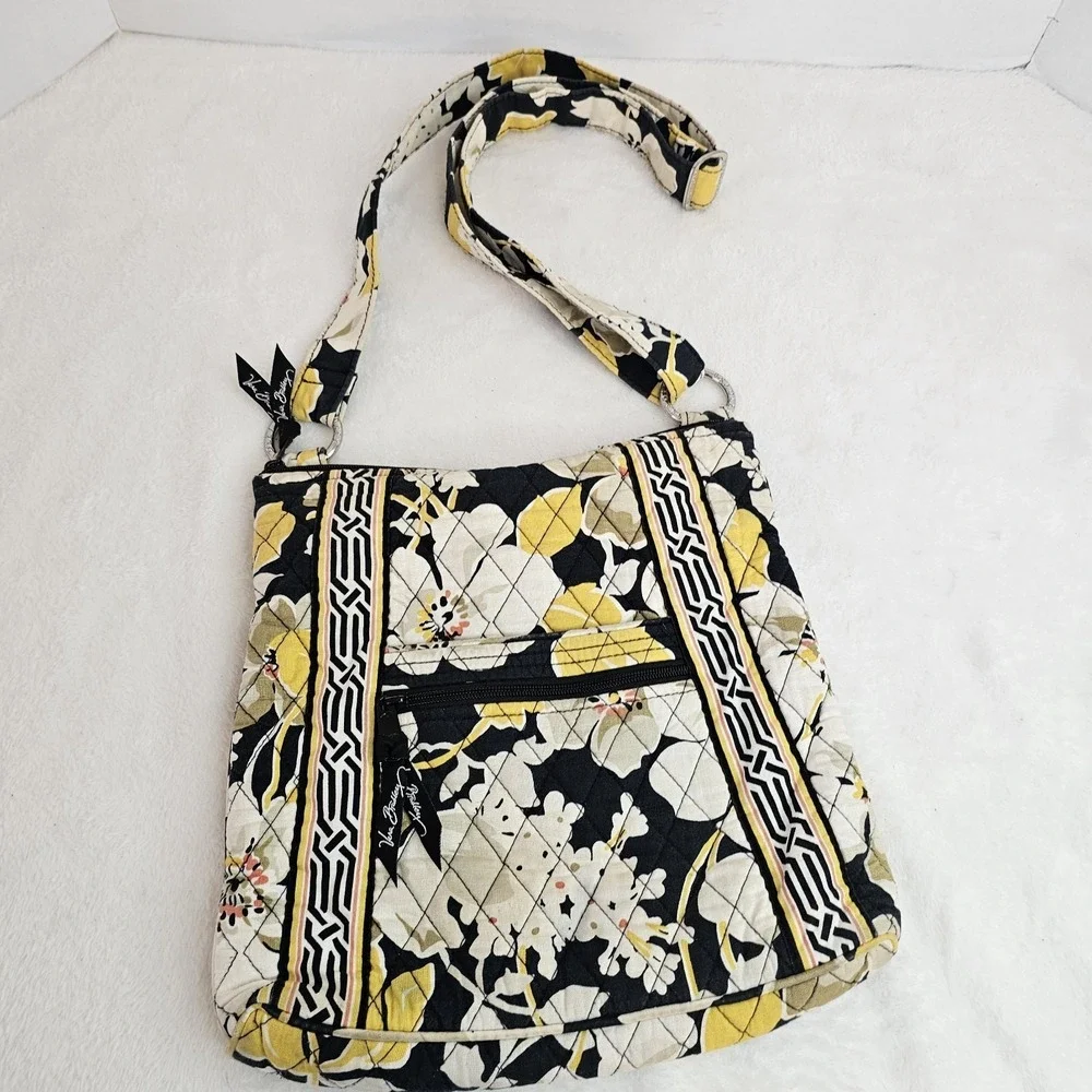 Vera Bradley Dogwood On The Go Hipster Crossbody Purse Bag Black Yellow White